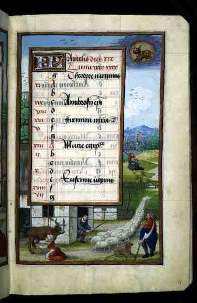 Ms 1058-1975 f4r Farmyard Scene, megvilágított áprilisi naptároldal, egy Órakönyvből, 1500 körül (vellum) alkotó: Flemish School