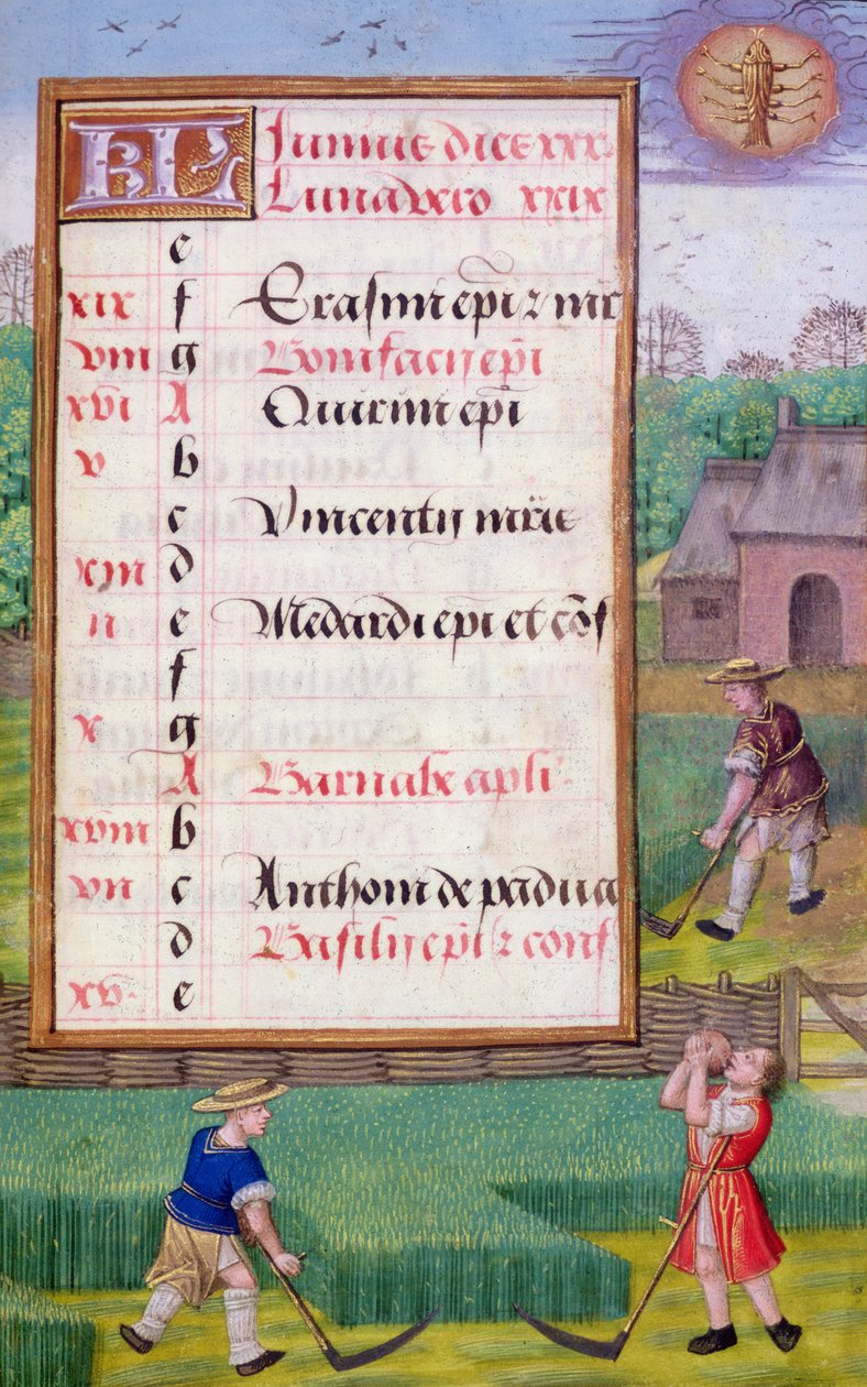 Ms 1058-1975 f6r Fűnyírás, illuminált naptárlap júniusra, egy Órakönyvből, 1500 körül (pergamen) alkotó: Flemish School