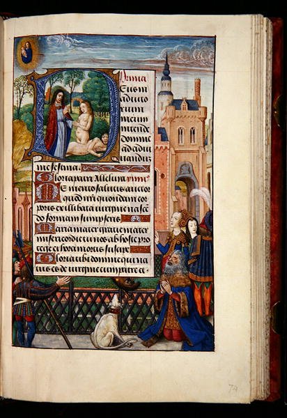 Ms 1058-1975, f.74r: Dávid király a Szűzanyához és a Gyermekhez imádkozik, valamint Éva teremtését ábrázoló történeti D kezdőbetű, az Órák könyvéből, Brugge, 1510 körül (arany tinta és tempera pergamenen) alkotó: Flemish School