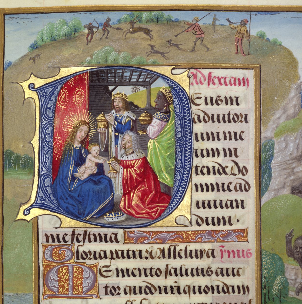 Ms 1058-1975 f.82r Történelmi kezdetű `D, amely a Királyok imádását ábrázolja, egy Órakönyvből, valószínűleg Brugge, 1500-2005 körül alkotó: Flemish School