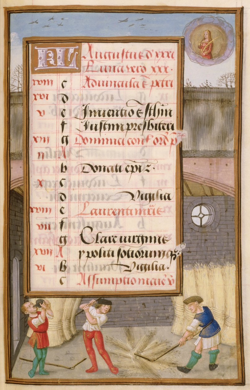 Ms 1058-1975 f8r Kukoricacséplés az istállóban, megvilágított augusztusi naptároldal, egy Órakönyvből, 1500 körül alkotó: Flemish School