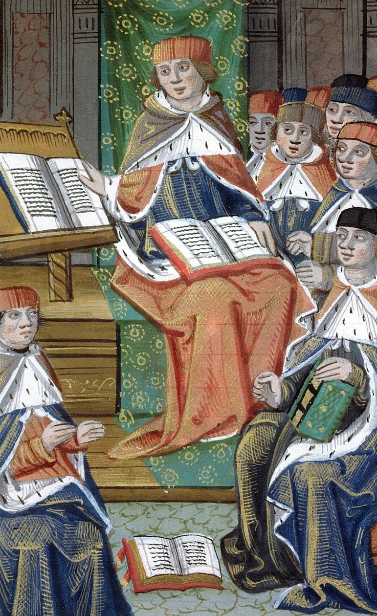 Ms Hunter 9 f.43v Előadás a teremben, a De Medina Fen I. II-ből, Avicenna (980-1037) alkotó: Flemish School