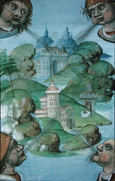 Ms Hunter 9 f.47v Négy szél fúj a sarkokban egy tengeri tájon, a „De Medina Fen I. II., by Avicenna (980-1037)” (vellum) alkotó: Flemish School