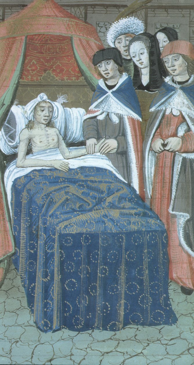 Ms Hunter 9 f.76r Beteg ágyban két orvossal, a De Medina Fen I. II-ből, Avicenna (980-1037) alkotó: Flemish School