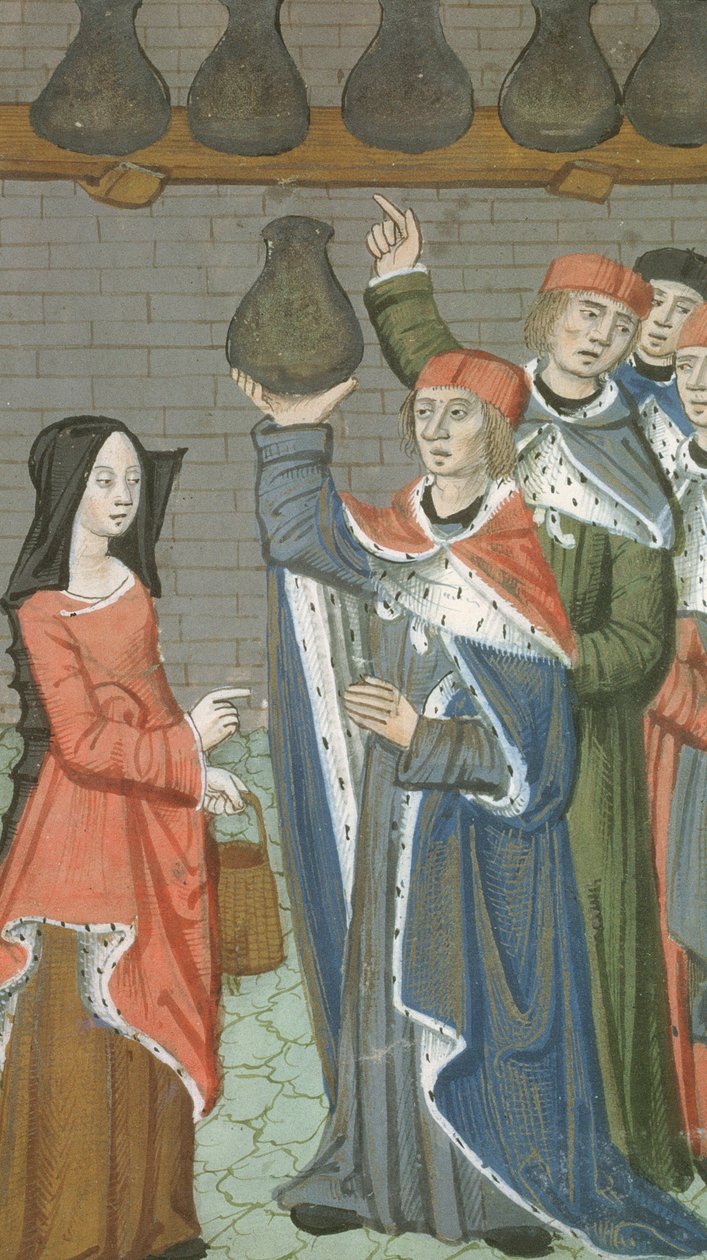 Ms Hunter 9 f.84r Nő urinalis magnust hozó kosárral, De Medina Fen I. II-ből, Avicenna (980-1037) alkotó: Flemish School