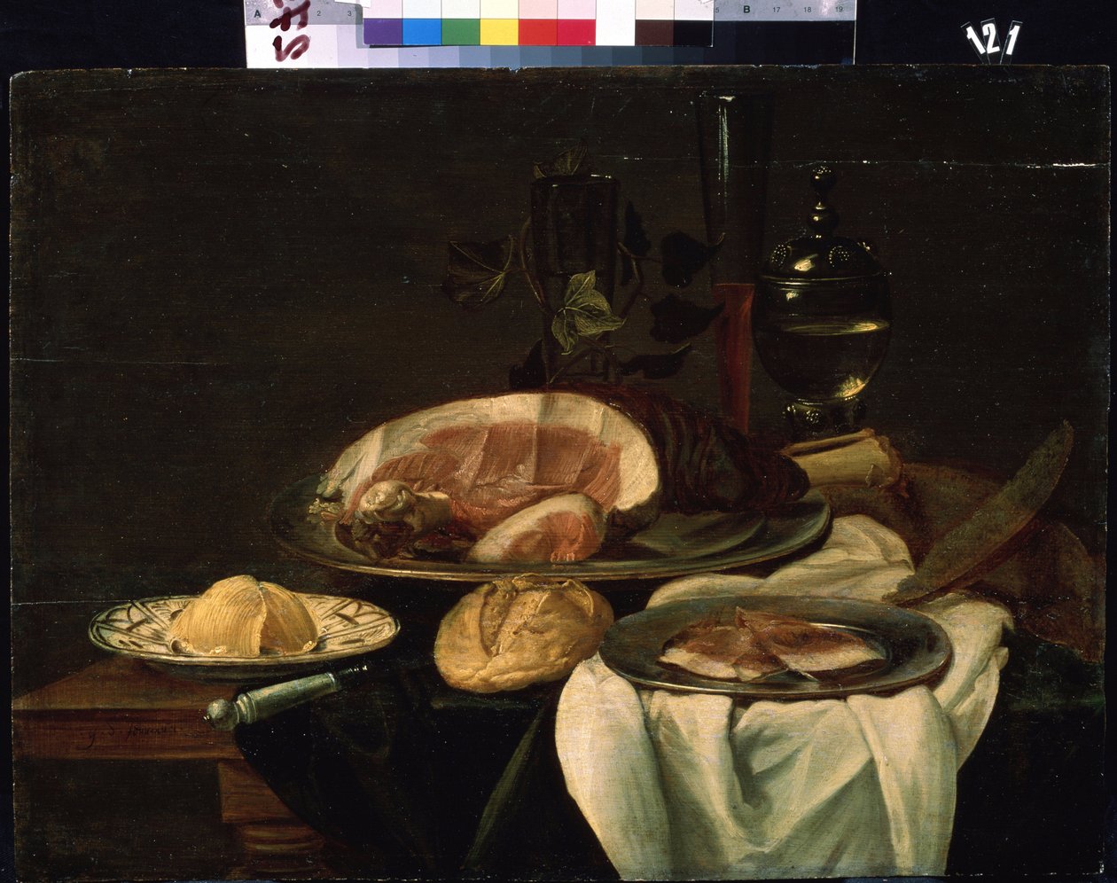 "Csendélet" (Csendélet) Sonka, kenyér és vaj. Holland iskolai festészet. 1650 Mikhail Kroshitsky Művészeti Múzeum, Szevasztopol (Szevasztopol) Ukrajna alkotó: Flemish School
