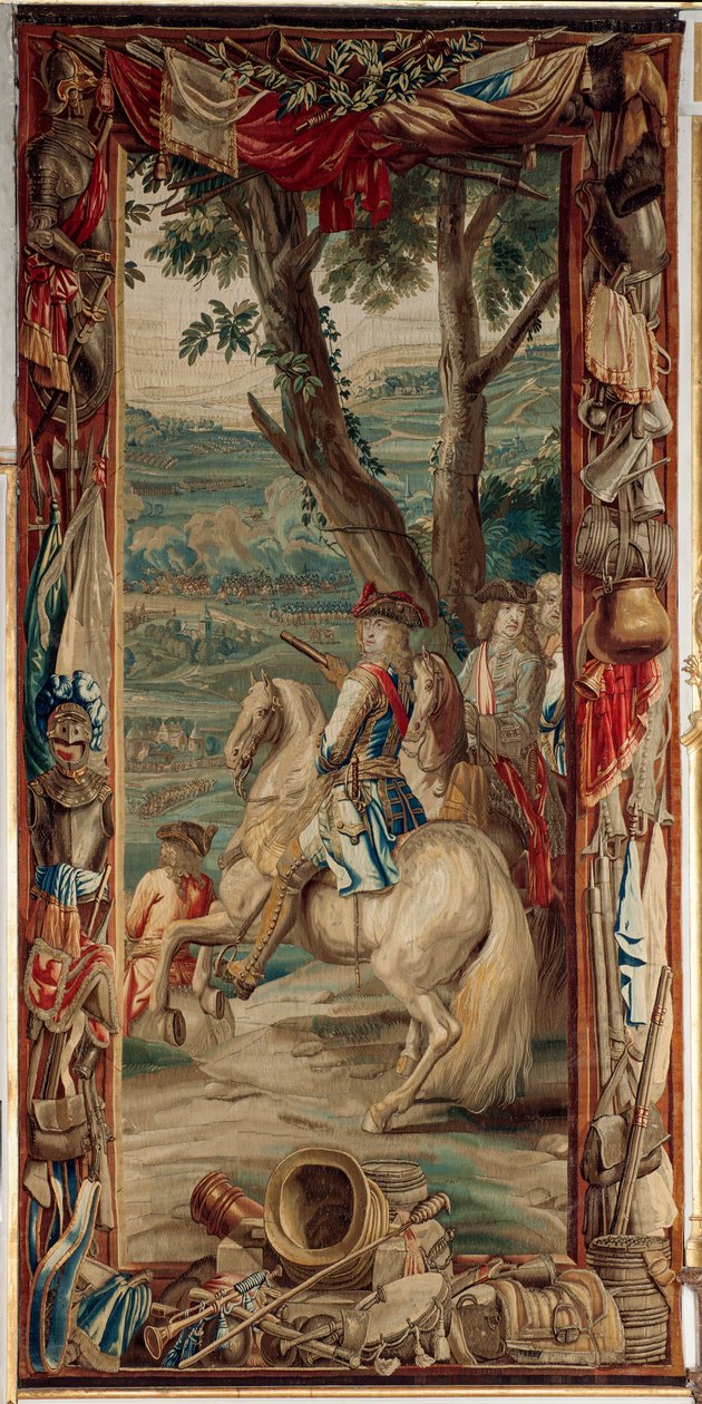 Palota (Schlossanlage Schleissheim). Flamand kárpit. Judocus De Vos brüsszeli stúdió. Tervező: Lambert De Hondt. Maximilian II Emanuel (Maximilian Emmanuel és két gyalogos). 400x175 cm. Gyapjú és selyem. Körülbelül 1715-1724. alkotó: Flemish School