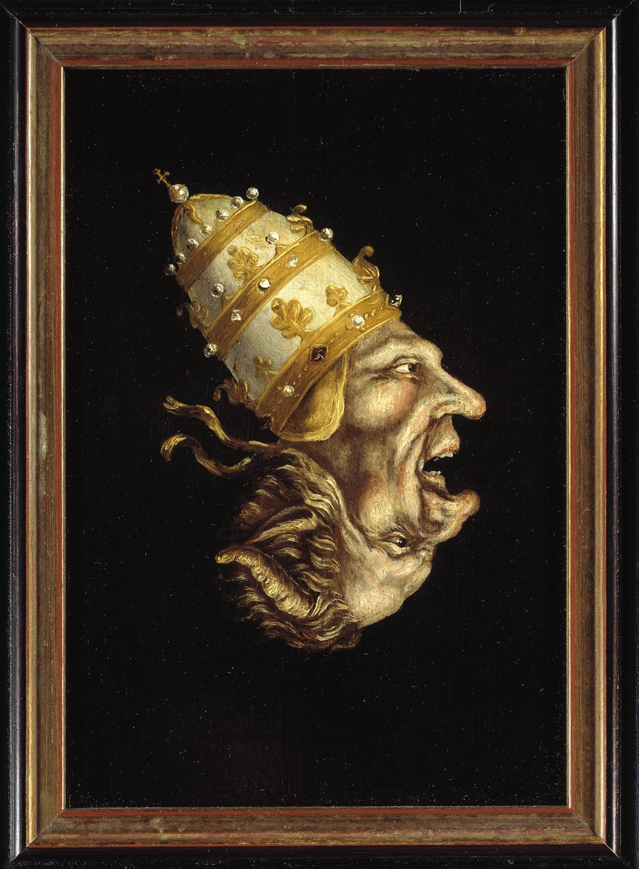 ""Pápa-ördög"" (Ördög pápa) Lutheránus karikatúra a pápával szemben, amely az ördögben fészkelt pápa profilját ábrázolja - Névtelen festmény, 1600 körül (holland) Múzeum Catharijneconvent, Utrecht Hollandia alkotó: Flemish School