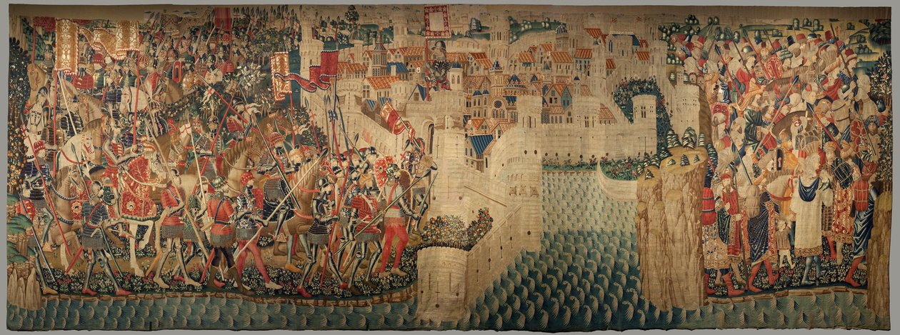 Plébániai gobelinmúzeum (Parish Museum of Pastrana Tapestries). Flamand kárpit. Tanger meghódítása (Tanger bevétele, De inname van Tanger). Sorozat I. Alfonz portugál király hódításai. Tournai. Gyapjú és selyem alkotó: Flemish School