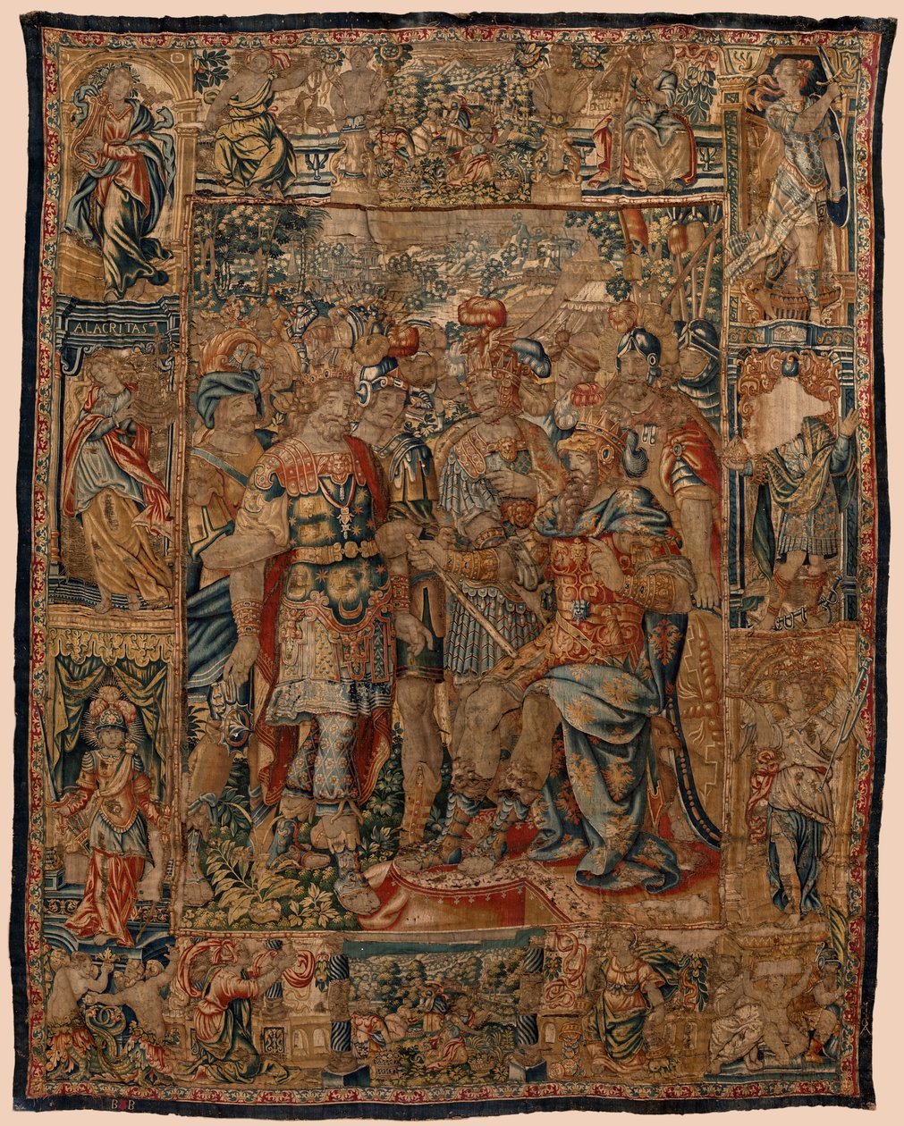 Faliszőnyegek plébániai múzeuma (Museo Parroquial de Tapices de Pastrana). Flamand kárpit. Az ifjú Sándor apjának, Filipnek (El joven Alejandro ante su padre Filipo). Brüsszel. 16. század. 328x407 cm. alkotó: Flemish School