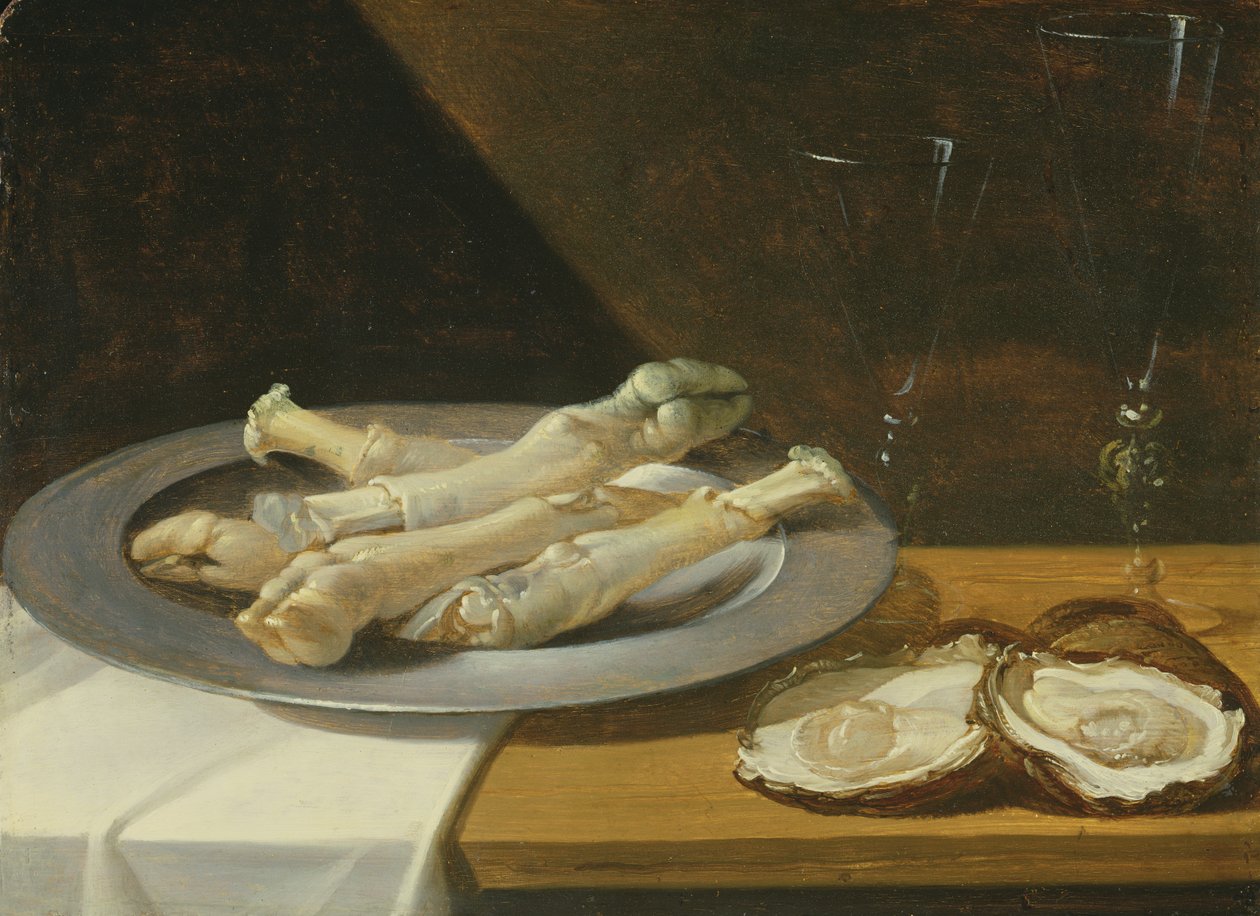 Sertés csülök óntányéron osztrigával és borospoharak terített asztalon, 1630 körül alkotó: Flemish School