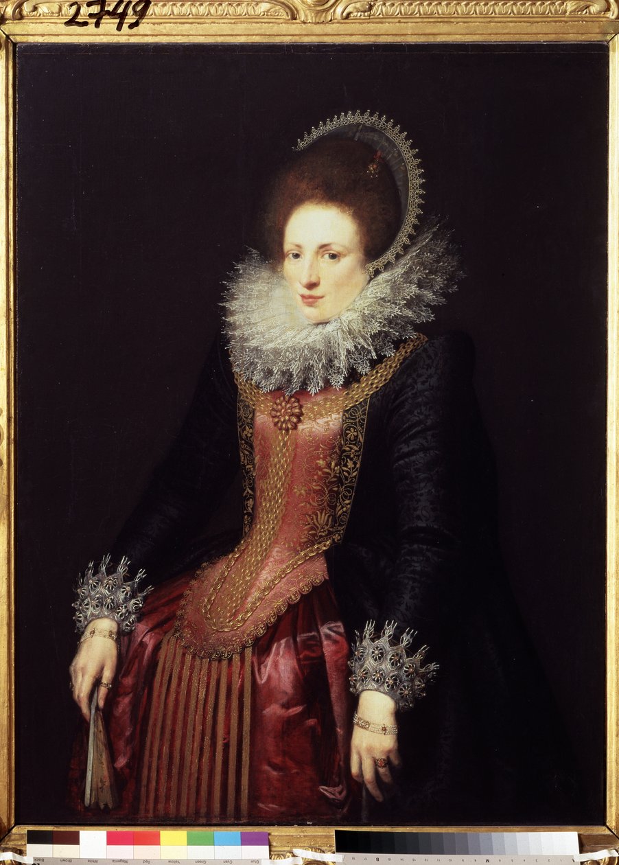 ""Hölgy portréja legyezővel" (legyezős hölgy portréja) gazdag hölgy, fodrot és hímzett ruhát visel. A flamand iskola festménye 1610 körül. Puskin Múzeum, Moszkva alkotó: Flemish School