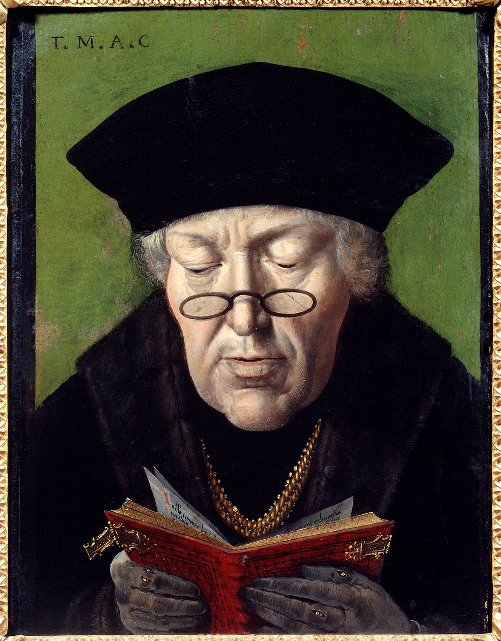Thomas More (1478-1535) humanista portréja. A humanistát szemüveggel ábrázolják, aki könyvet olvas. A flamand iskola festménye alkotó: Flemish School