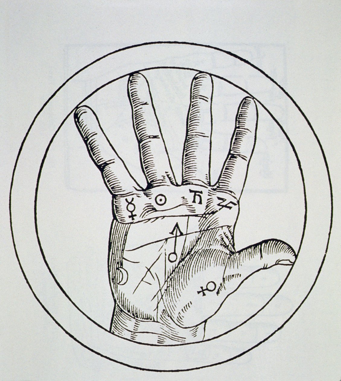 A bolygók helyzete a jobb oldalon, a De Occulta Philosophia Libri III illusztrációjának másolata, Henricus Cornelius Agrippa, Antwerpen, 1533, felhasználva a 19. század végén megjelent mágiatörténetben. alkotó: Flemish School