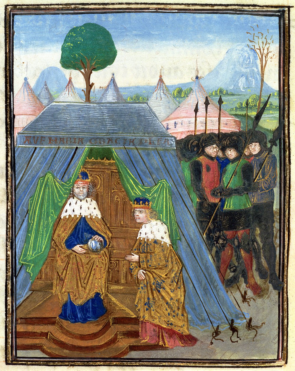 Roy 15 E I f.321v Baldwin II meglátogatja Manuel Comnenust, Outremer történetéből (vellum). alkotó: Flemish School