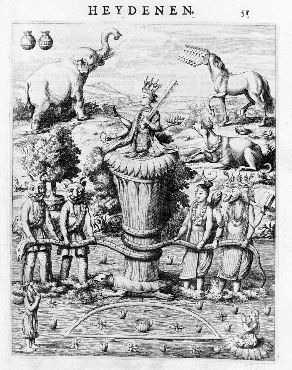 Samudramathana, Déva (Surya, Shiva, Vishnu, Brahma) részvételével démonokkal és lovagokkal. Baldaeus Philippus Afgoderye der oost-indische Heydenen szerint. Amszterdam 1672 alkotó: Flemish School