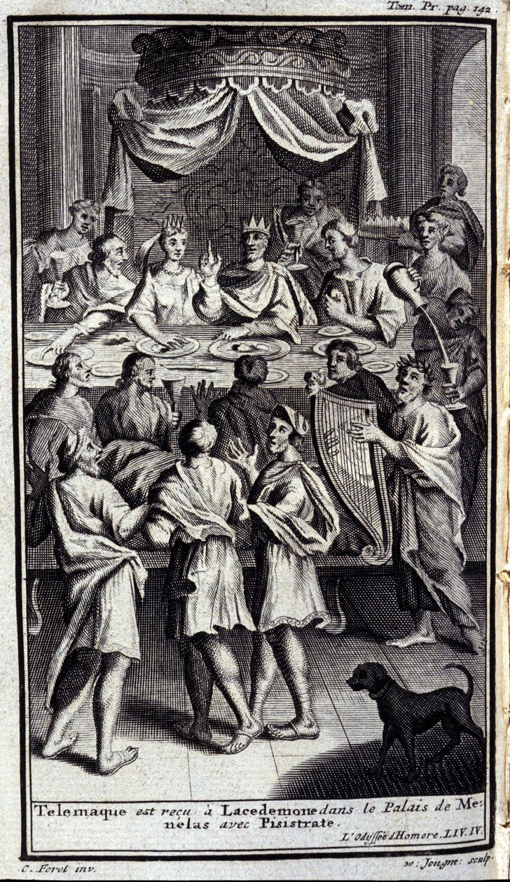 Telemaque-t Lacedemonében, Menelas palotájában fogadják Pisistrate társaságában. Illusztráció az 1731-ben Amszterdamban, Milánóban kiadott Homérosz Odüszeusának IV. alkotó: Flemish School