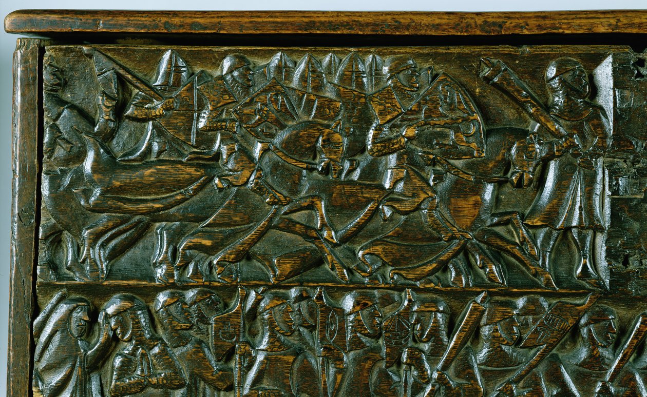 A Courtrai-láda, amely az 1302-ben, Courtraiban vívott Golden Spurs-csata két jelenetét ábrázolja (fa) (részlet) alkotó: Flemish School