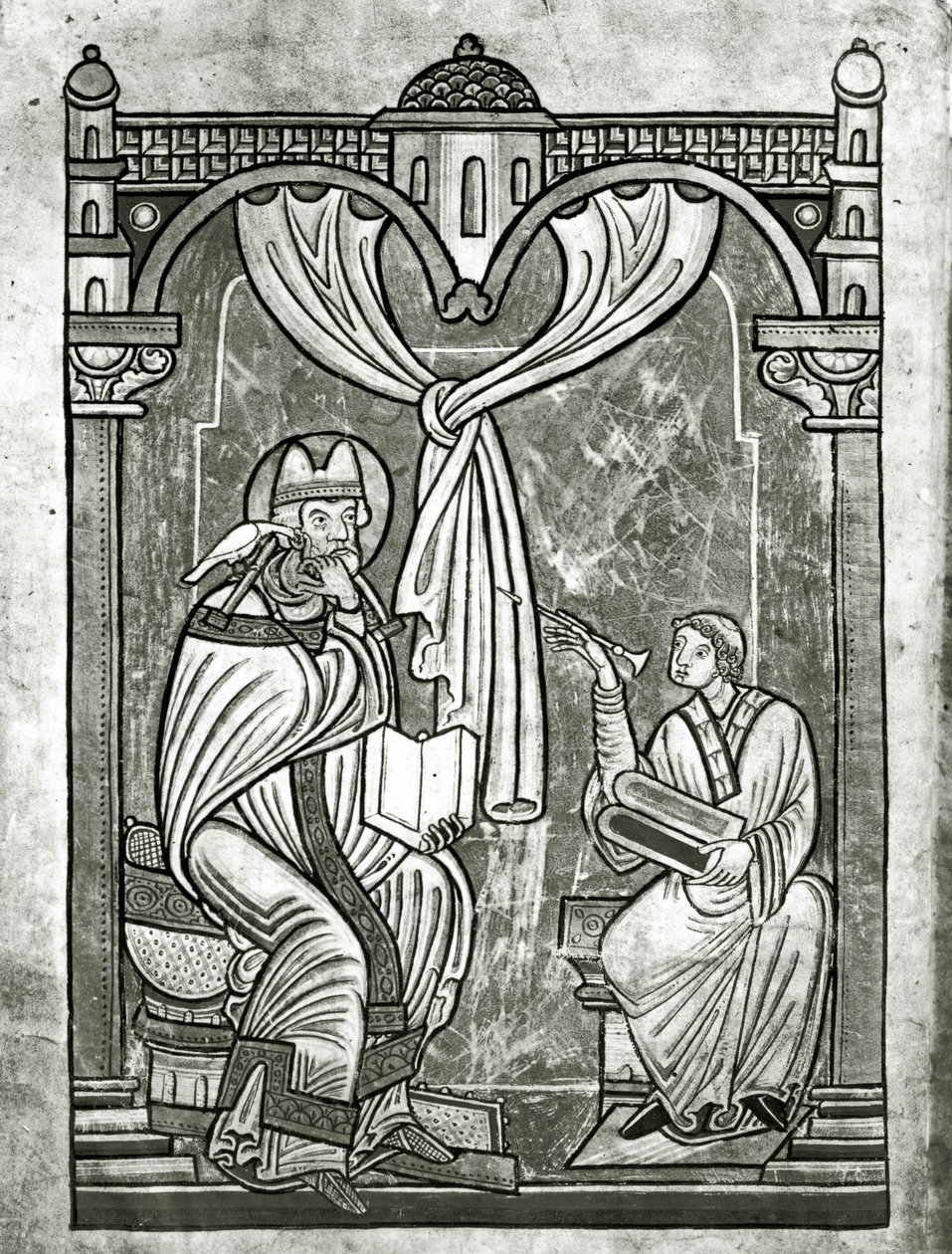 Szent Gergely extázisa (540-604 körül), amelyet Péter diakónus pillantott meg a styllával áttört függönyön keresztül alkotó: Flemish School
