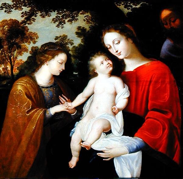 Szent Katalin misztikus házassága, 1625-50 körül (olaj, panel) alkotó: Flemish School