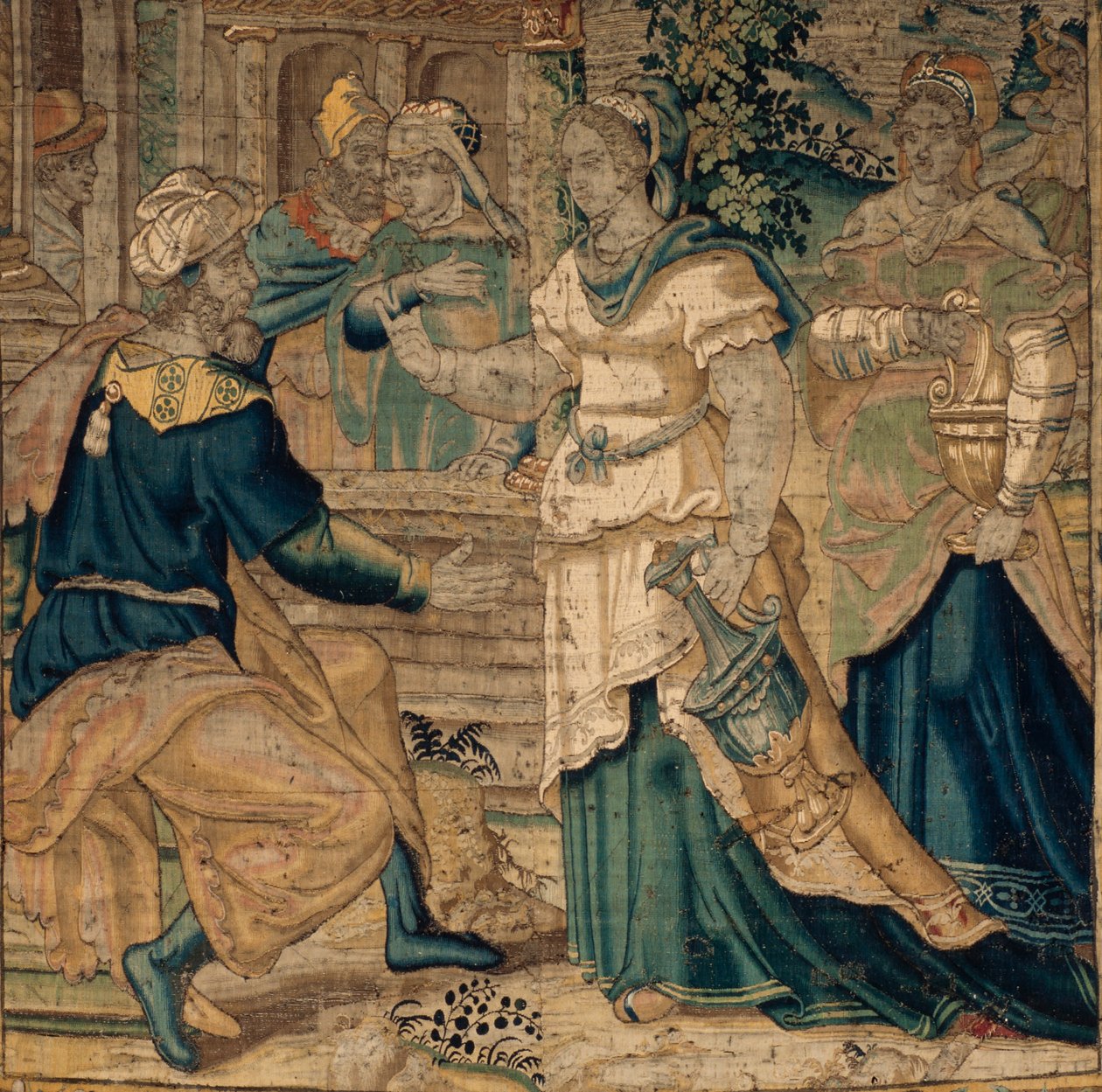 Az egyetemi gyűjtemények. Flamand kárpit. Jethro lányai elmondják apjuknak, hogy találkoztak Mózessel. Részlet. Oudenaarde. 1550 körül. alkotó: Flemish School