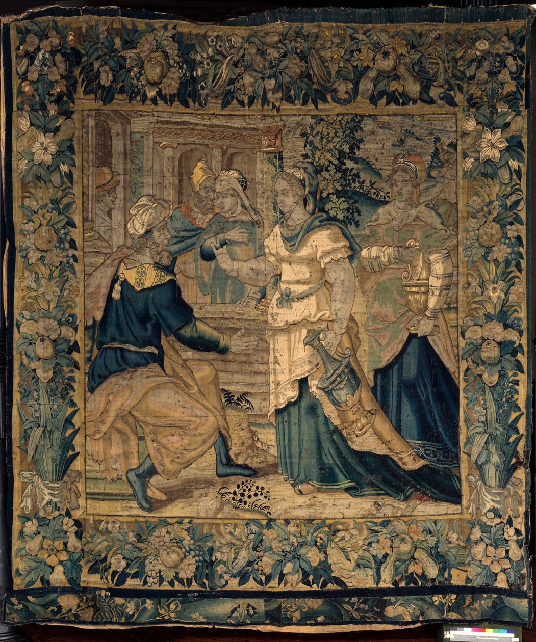 Az egyetemi gyűjtemények. Flamand kárpit. Jethro lányai elmondják apjuknak, hogy találkoztak Mózessel. Oudenaarde. 1550 körül. alkotó: Flemish School