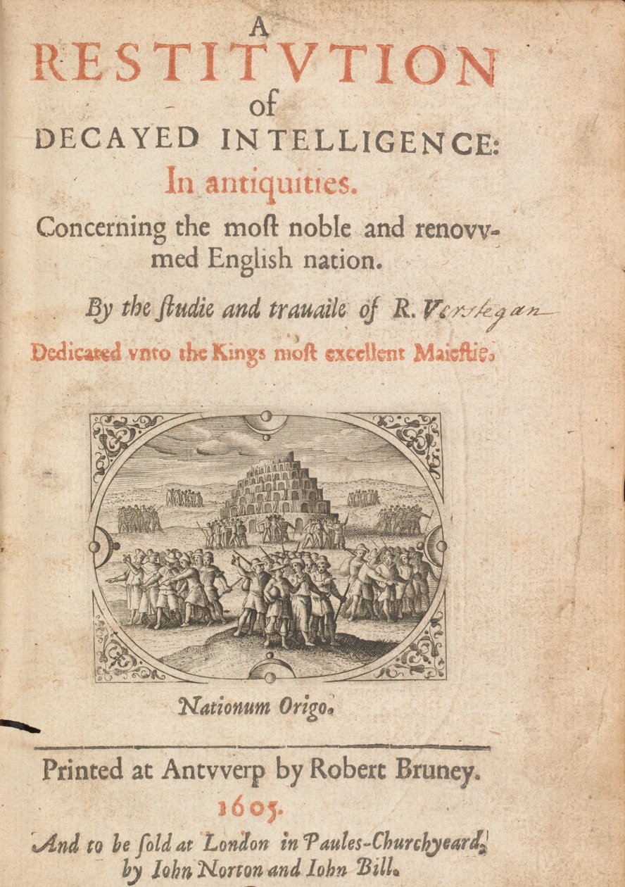 Richard Verstegam, Antwerpen, 1605, Az elpusztult hírszerzés visszaállításának címlapja alkotó: Flemish School