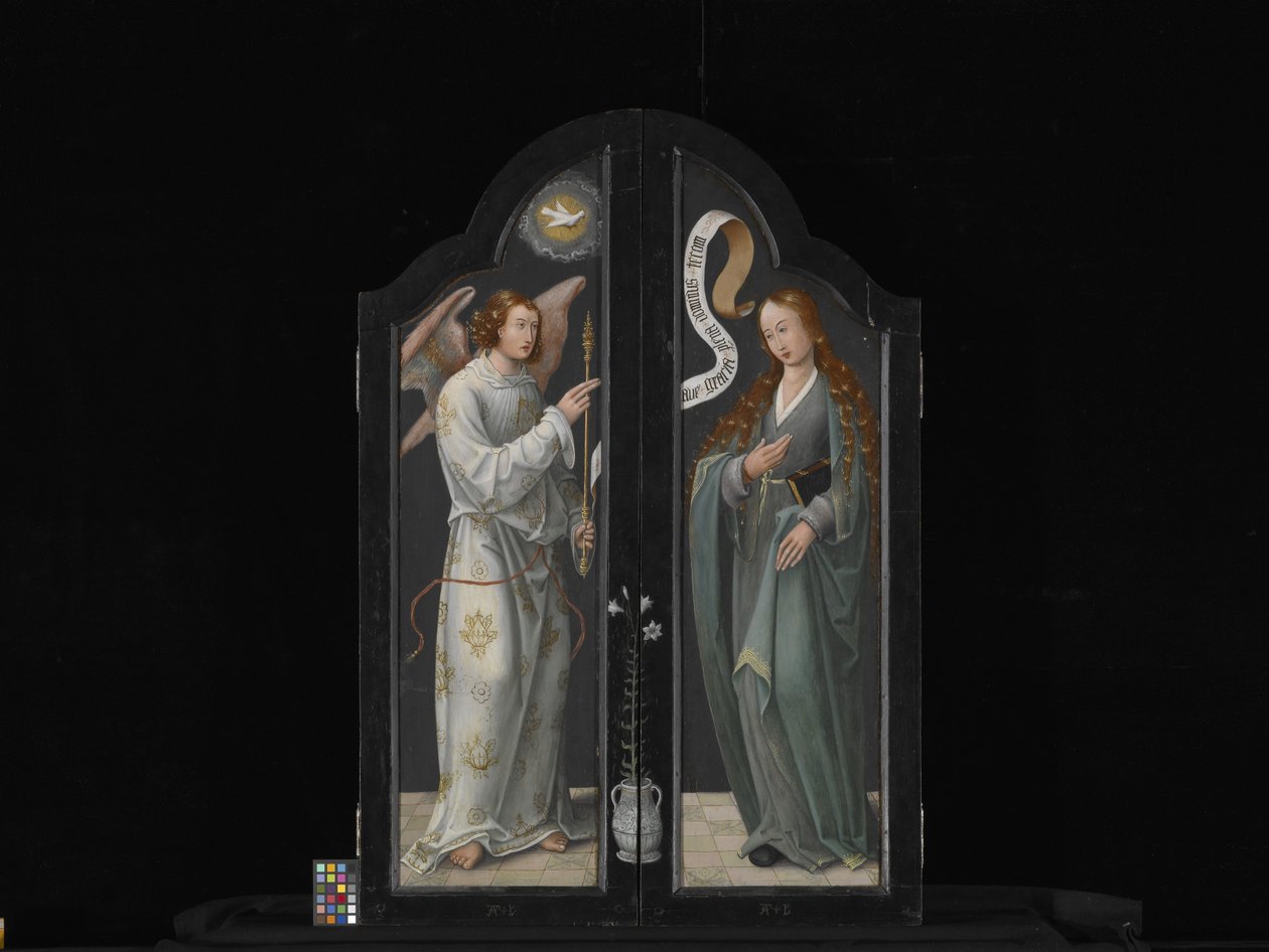 Triptichon a Szűzanyával és a Gyermekkel, Szent Borbálával és Szent Katalinnal (olaj, fa) alkotó: Flemish School