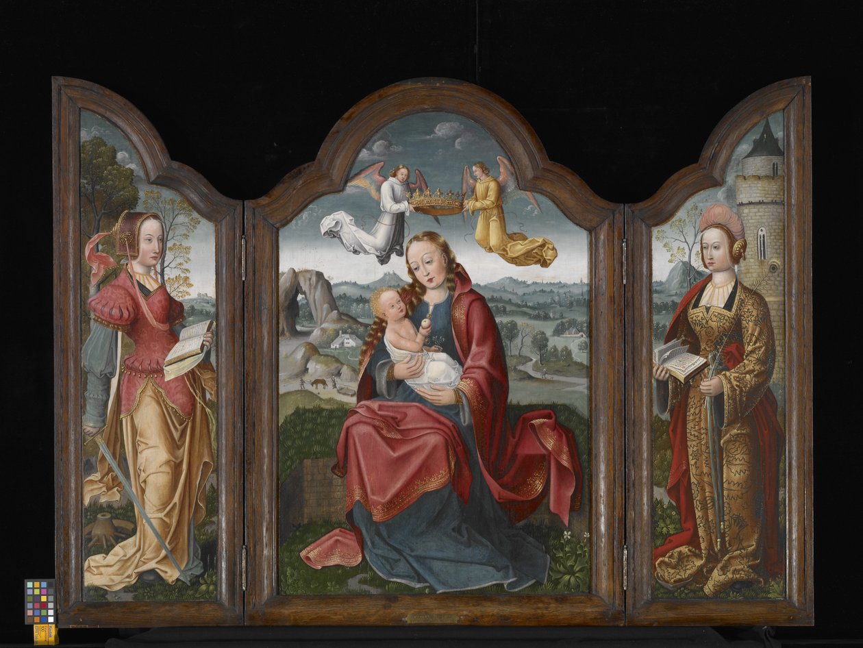 Triptichon a Szűzanyával és a Gyermekkel, Szent Borbálával és Szent Katalinnal (olaj, fa) alkotó: Flemish School