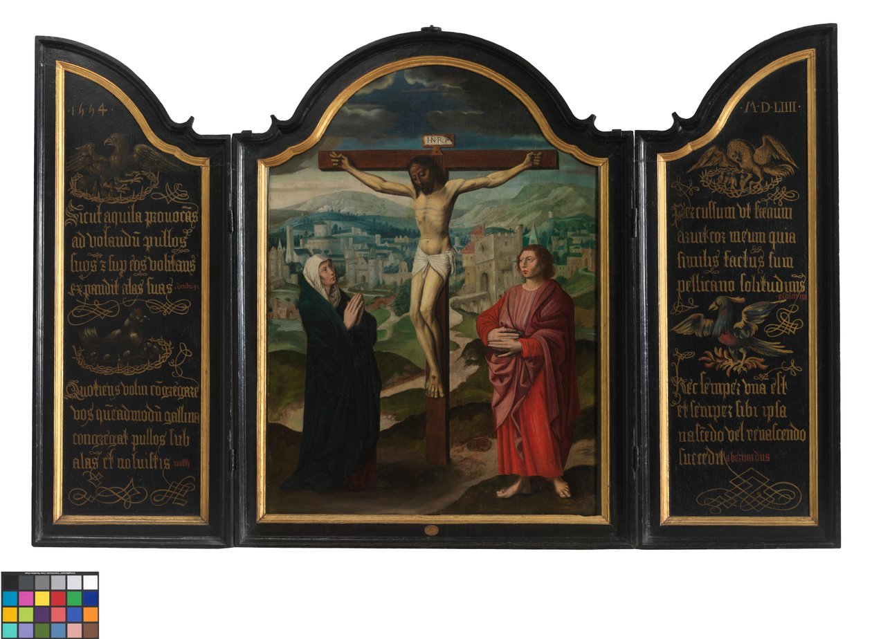 Triptichon keresztrefeszítéssel és szövegekkel (olaj a panelen) alkotó: Flemish School