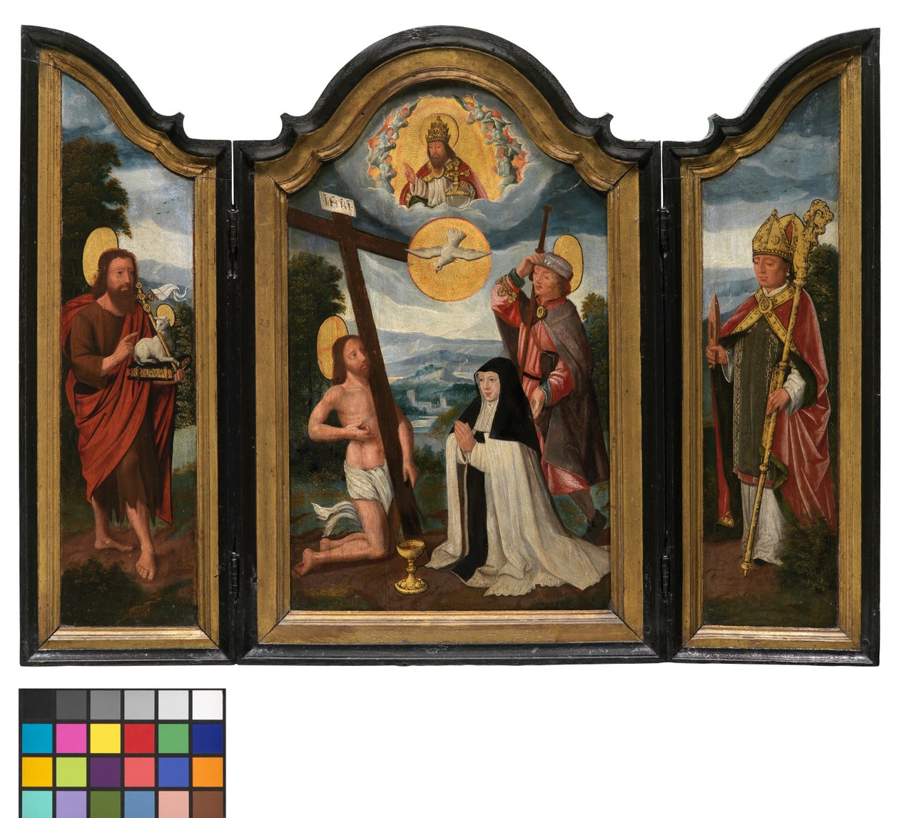 Triptichon a Szentháromsággal, egy kórházi nővérrel és védőszenttel (olaj, tábla) alkotó: Flemish School