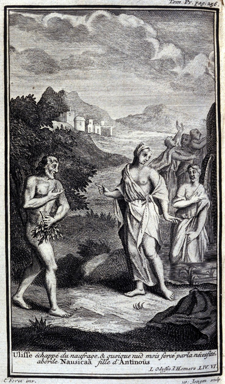 Ulysses megszökik a hajótörésből, és bár meztelenül, de kényszerűségből közeledik Nausicaához, Antinous (Antinoos) lányához. Illusztráció az 1731-ben Amszterdamban, Milánóban kiadott Homérosz Odüszeusának VI. alkotó: Flemish School