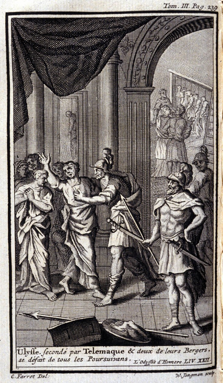 A Telemaque által második Ulysses és két pásztoruk feloszlatta az összes üldözőt. Lustráció a Homérosz Odüszeusának XXII. könyvéhez, az Odüsszeusban, 1731-ben Amszterdamban, Collection privee Milan. alkotó: Flemish School