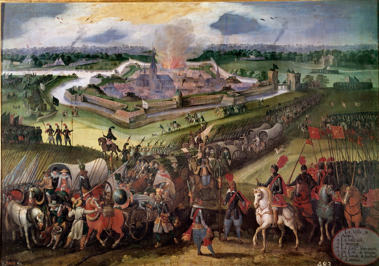 Háború Hollandia ellen: „” Ardres város látképe””: Albert osztrák főherceg 1596-ban foglalta el a várost. Festmény a 17. századi flamand iskoláról. Real Monasterio de El Escorial, El Escorial, Spanyolország - Háború Hollandia ellen: kilátás alkotó: Flemish School