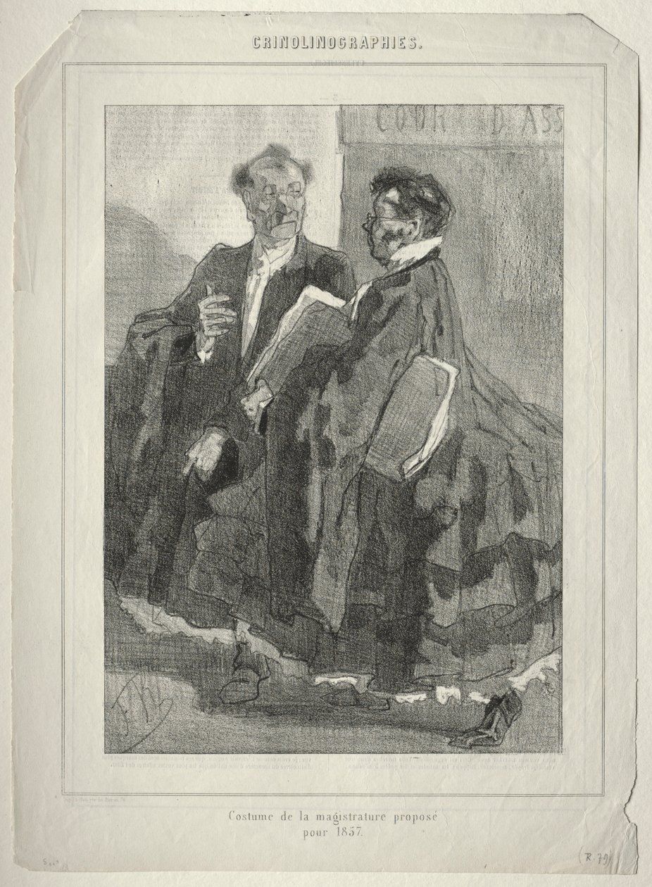 Krinolinográfiák. 1857-re javasolt bírói jelmez. alkotó: Félicien Rops