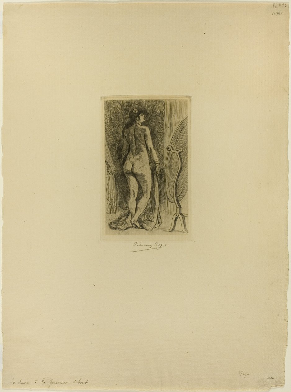 Álló nő bundával alkotó: Félicien Rops