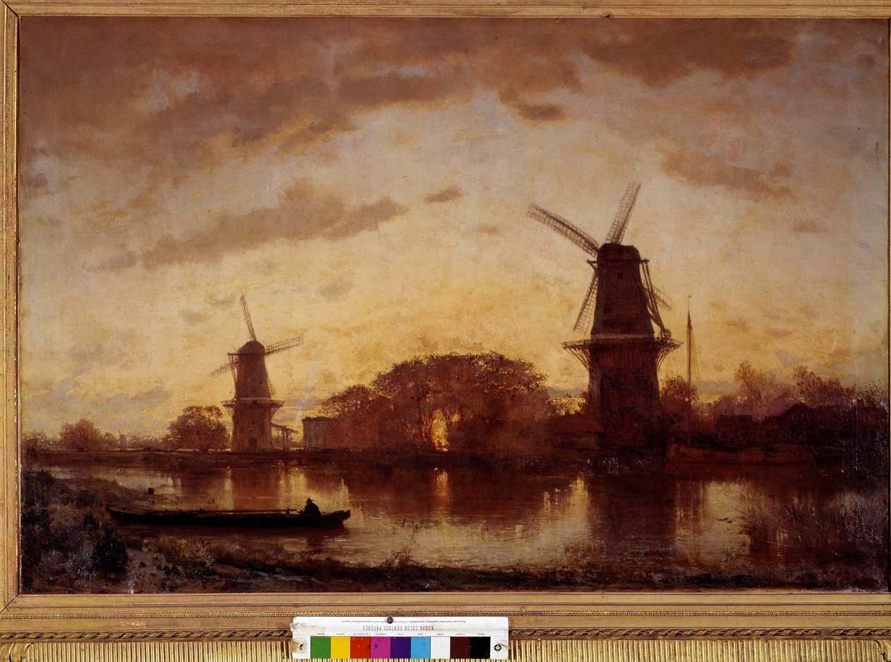 Az Amstel-folyó partja táj malmokkal Hollandiában. Felix Ziem (1821-1911) festménye. 1852. V 1,01 X 1,50 m. Bordeaux, Szépművészeti Múzeum alkotó: Félix Ziem