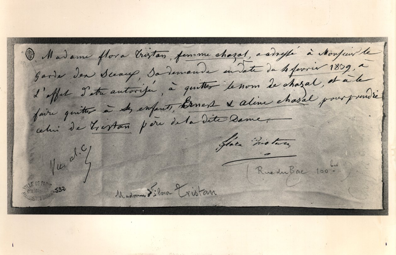 Flora Tristan (1803-44) dedikált levele a francia igazságügyi miniszterhez, amelyben válást kér, 1839. február 4. alkotó: Flora Tristan