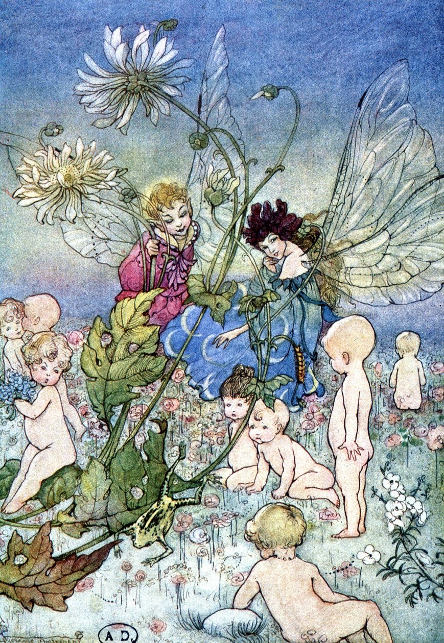Szitakötő nő (tündér) és elf babákkal körülvéve - Fiona Malcom „My Fairyland” című művében, ill. Florence Anderson alkotó: Florence Anderson