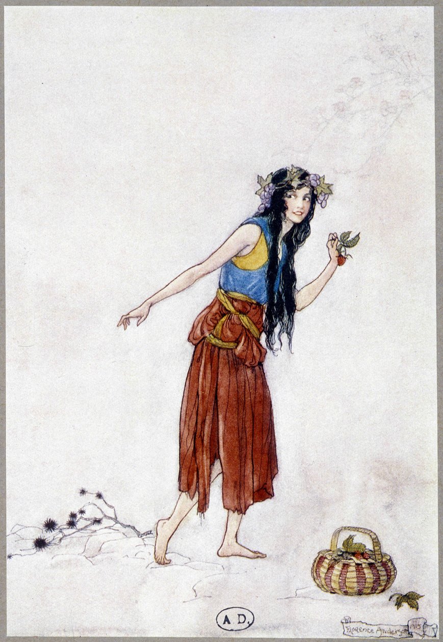Fiatal lány a hóban eperrel, „My Fairyland” Fiona Malcom, illusztráció: Florence Anderson alkotó: Florence Anderson