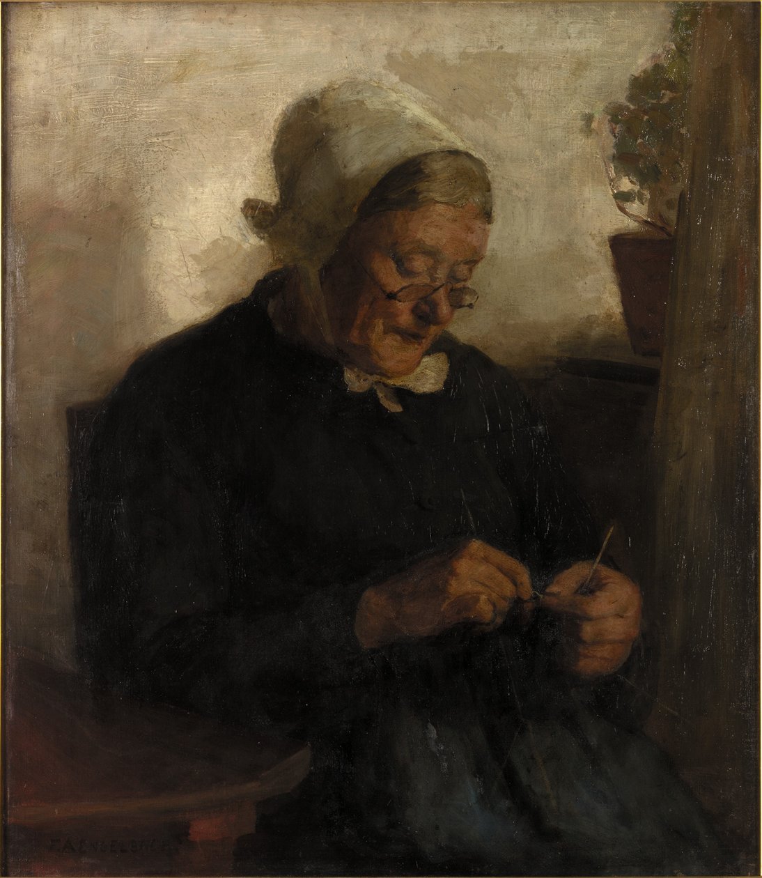 Öregasszony kötés (olaj, vászon) alkotó: Florence Engelbach