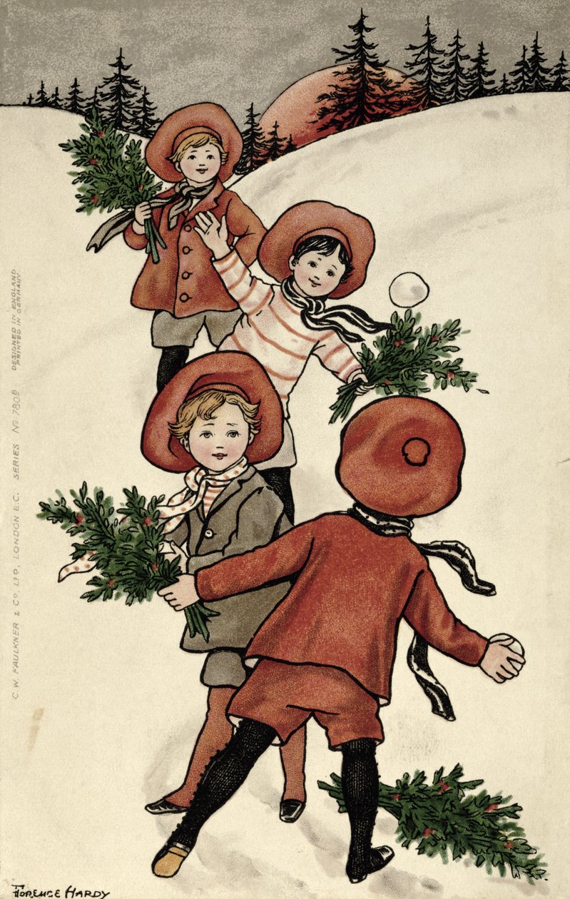 Hógolyókat dobáló magyal gyerekek (színes litho) alkotó: Florence Hardy