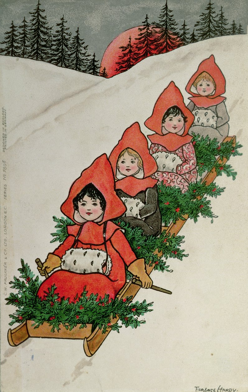 Négy kislány a szánkón (színes litográfia) alkotó: Florence Hardy