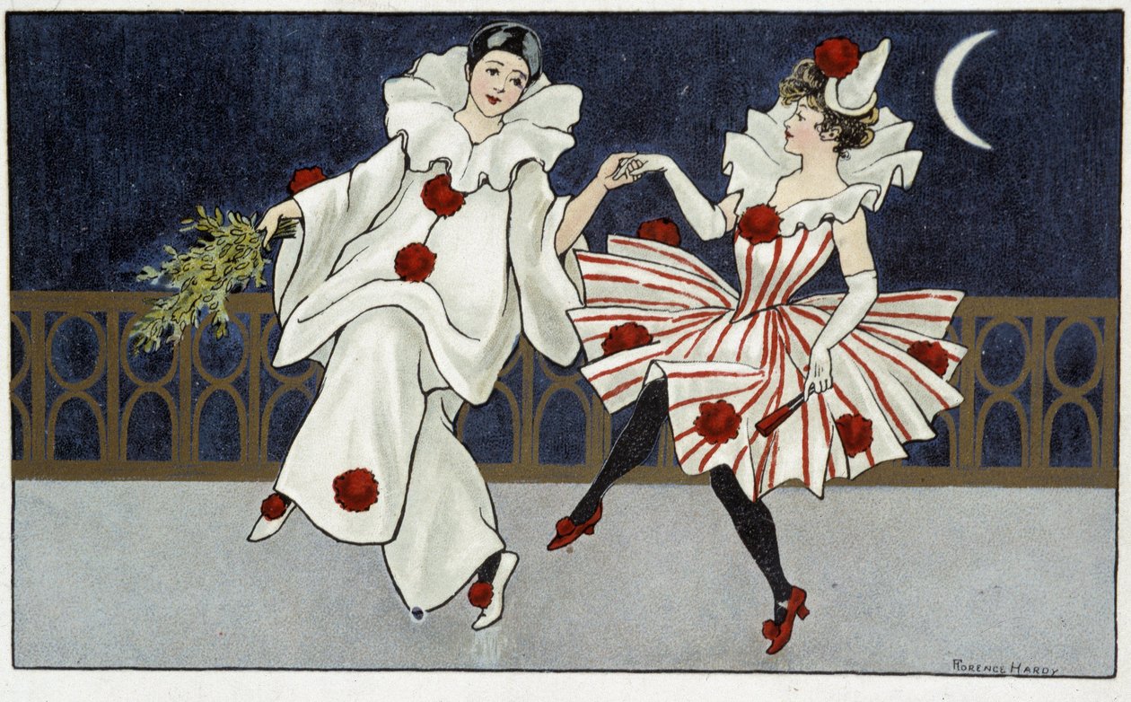 Pierrot és Colombine táncol a holdfényben - dess. írta: Florence Hardy, deb. 20. század alkotó: Florence Hardy