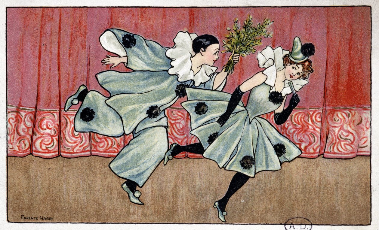 Pierrot Colombine után fut – dess. írta: Florence Hardy, deb. 20. század alkotó: Florence Hardy