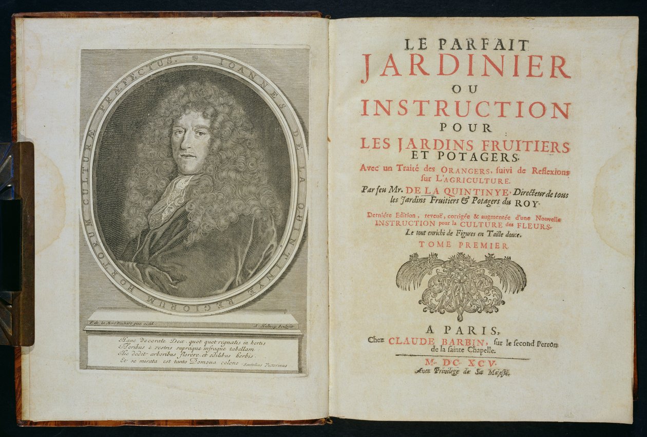 Címlap és a szerző portréja a Le Parfait Jardinier-ből, ou Instruction pour les Jardins Fruitiers et Potager, Jean de la Quintinye, megjelent 1695 alkotó: Florent Richard de Lamarre