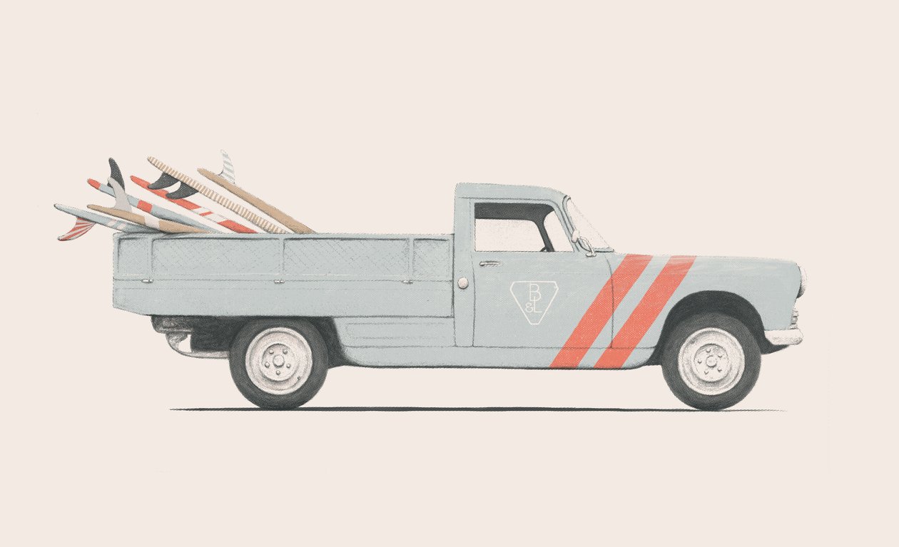 Pickup autó szörfdeszkákkal, 2019 (ceruza, digitális) alkotó: Florent Bodart