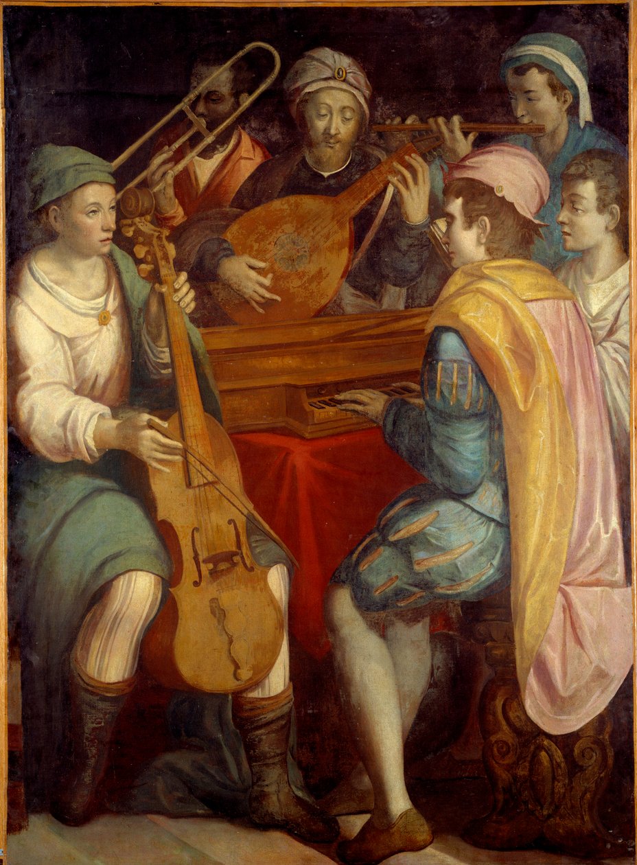 Koncert Lant zenészek, epinette, harsona és viola de gamba. A firenzei iskola névtelen festménye 1550-1600. Nap 1,8x1,3 m alkotó: Florentine School