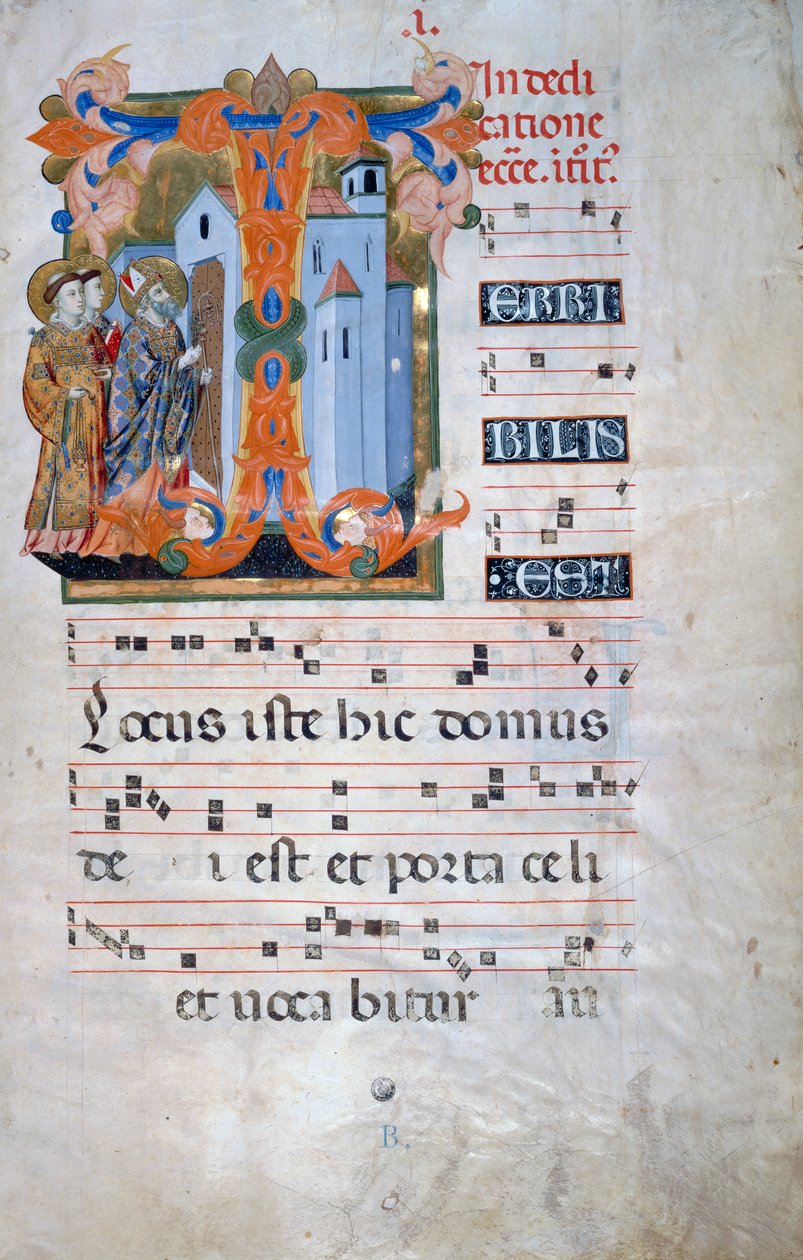 Megvilágított iniciálé egy templomot megáldó püspökkel (Corale 2, 1. k.), a Santa Maria degli Angeli 2. kóruskönyvéhez alkotó: Florentine School