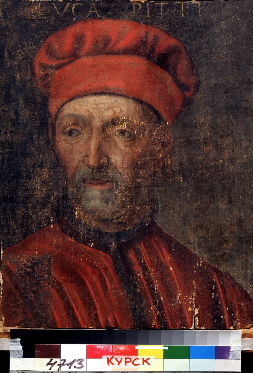 ""Luca Pitti (1394-1472) gazdag firenzei bankár portréja"" Nevét a Palazzo Pittinek adta. A firenzei iskola festménye a 16. század elejéről Regionális Deineka Művészeti Galéria, Kurszk Oroszország alkotó: Florentine School